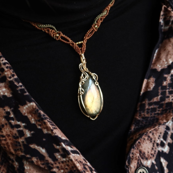 拉長石藤蔓吊墜配蠟線編織項鏈|14K注金|金色