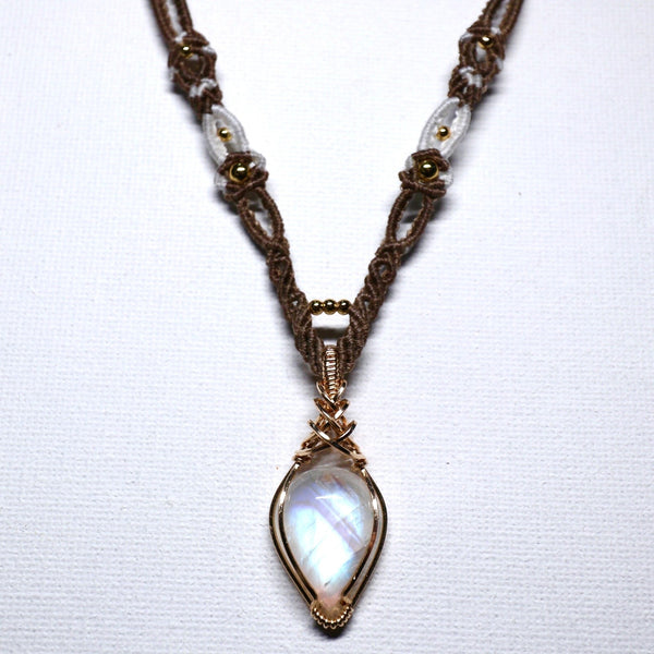 月亮石交織吊墜配蠟線編織項鏈|14K注金|金色