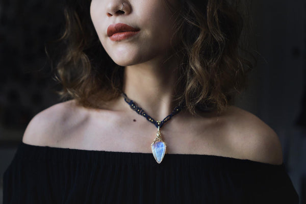 月亮石交織吊墜配蠟線編織項鏈|14K注金|金色