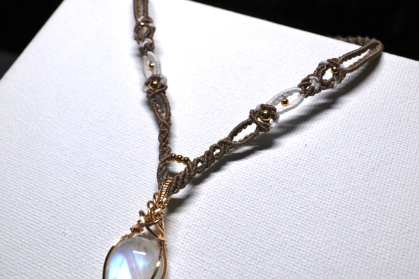 月亮石交織吊墜配蠟線編織項鏈|14K注金|金色