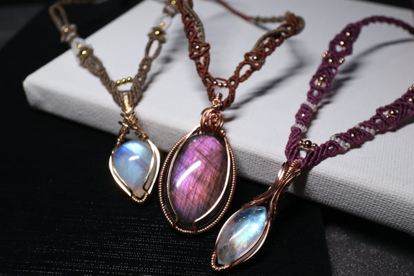粉紫拉長石吊墜配蠟線編織項鏈|14K注金