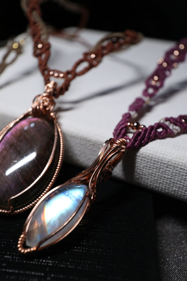 月亮石零棱吊墜配蠟線編織項鏈|14K注金|玫瑰金色