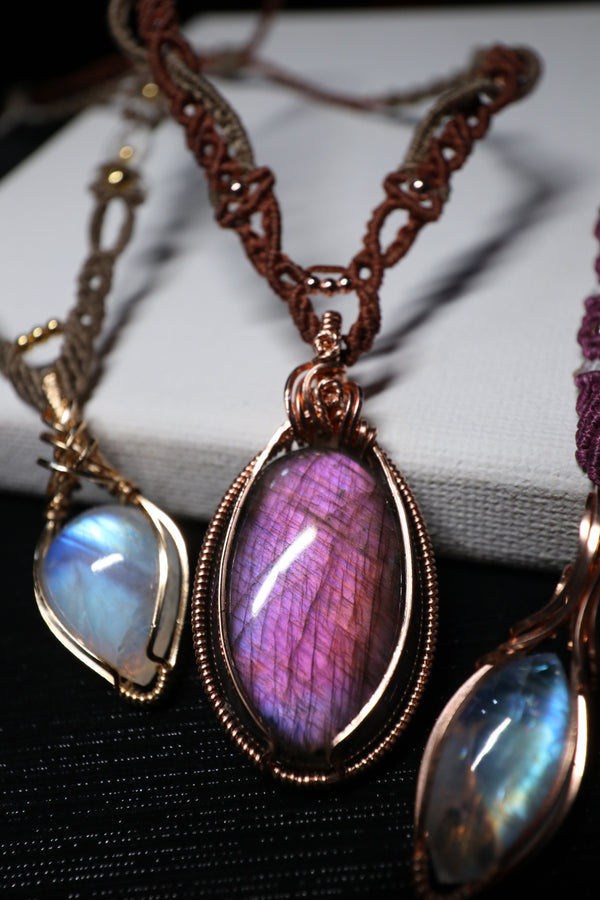 粉紫拉長石吊墜配蠟線編織項鏈|14K注金