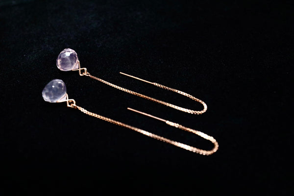 粉晶長耳環|14K注金|玫瑰金色