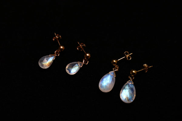 月亮石鑽面水滴耳環|14K注金|金色