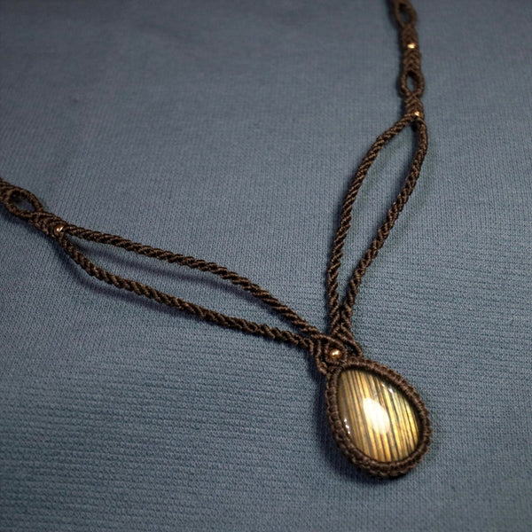 拉長石水滴蠟線編織頸繩|啡色