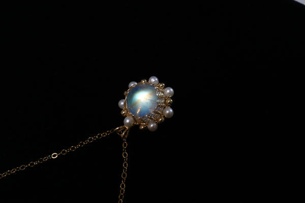 珍珠編織月亮石頸鏈|14K注金|金色