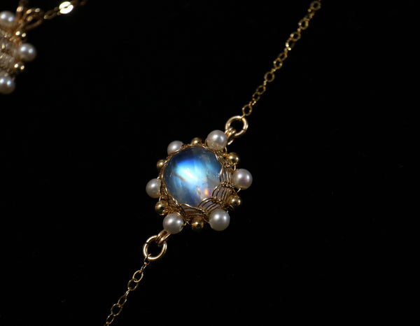 珍珠編織月亮石手鏈|14K注金|金色