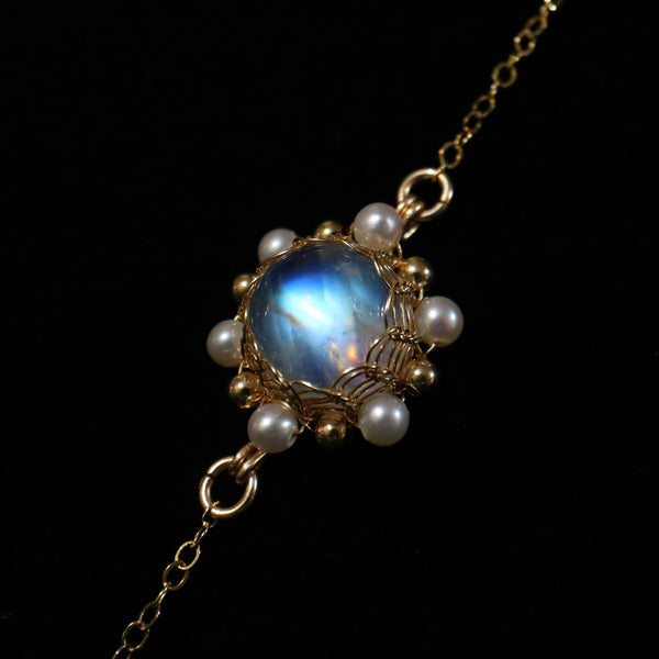 珍珠編織月亮石手鏈|14K注金|金色