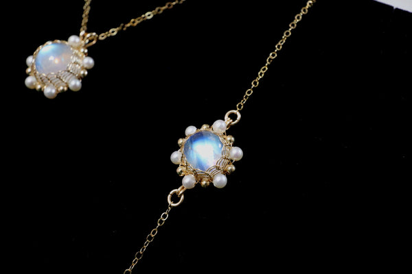 珍珠編織月亮石手鏈|14K注金|金色