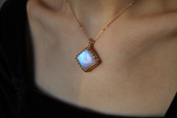 月亮石菱格項鏈|14K注金|金色