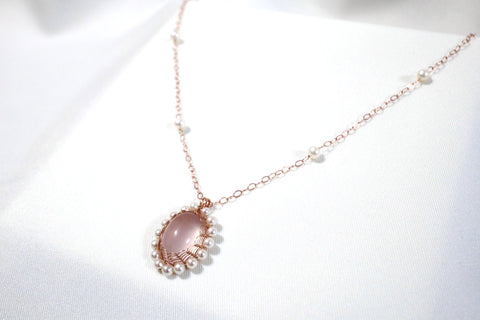 Akoya freshwater pearl braided rose quartz necklace (pearl chain body)｜14K gold injection｜rose gold