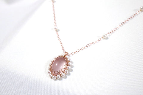 Akoya freshwater pearl braided rose quartz necklace (pearl chain body)｜14K gold injection｜rose gold