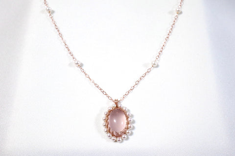 Akoya freshwater pearl braided rose quartz necklace (pearl chain body)｜14K gold injection｜rose gold