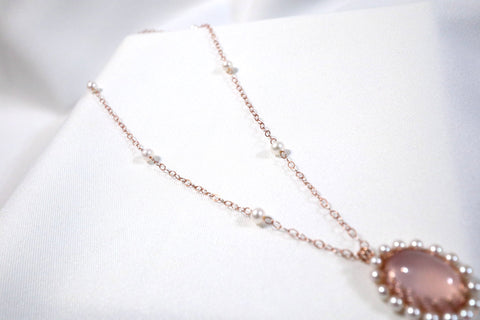 Akoya freshwater pearl braided rose quartz necklace (pearl chain body)｜14K gold injection｜rose gold