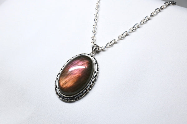 紫粉拉長石頸鏈 ｜925純銀吊墜配鈦鋼粗鏈