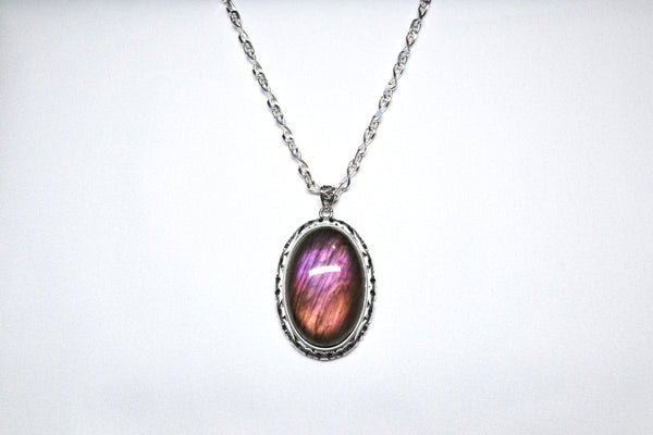 紫粉拉長石頸鏈 ｜925純銀吊墜配鈦鋼粗鏈
