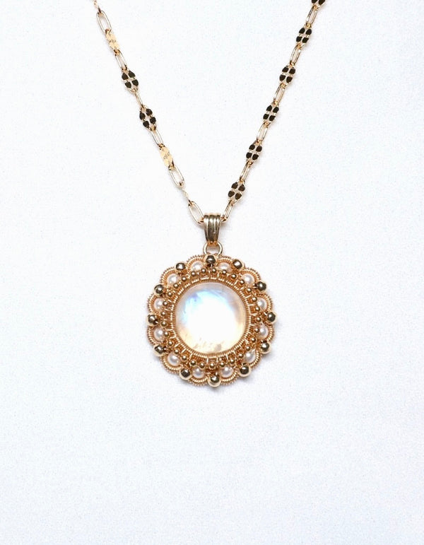 珍珠編織藍光月亮石頸鏈｜14K注金｜金色